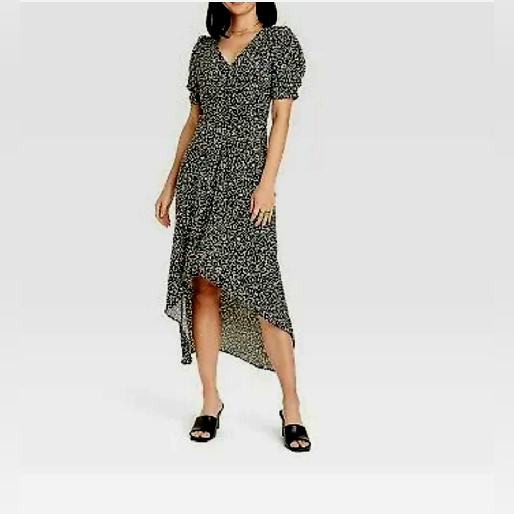 A New Day Black Pink Floral Ruched High Low Short Sleeve Dress Medium